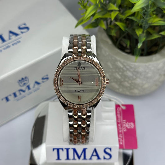 Timas Women’s Two-Tone Quartz Watch with Crystal Bezel – Silver & Rose Gold