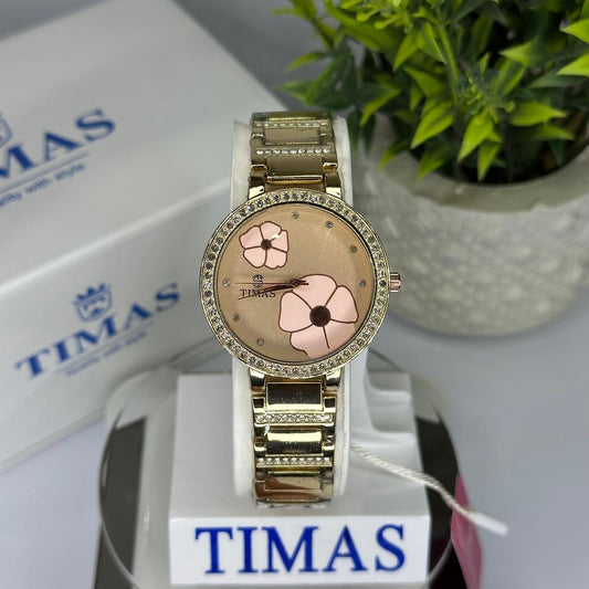 Timas Women’s Luxury Quartz Watch – Full Gold with Floral Dial & Crystal Bezel