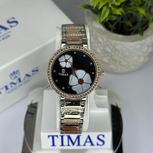 Timas Women’s Two-Tone Floral Quartz Watch – Silver & Rose Gold with Black Crystal Bezel