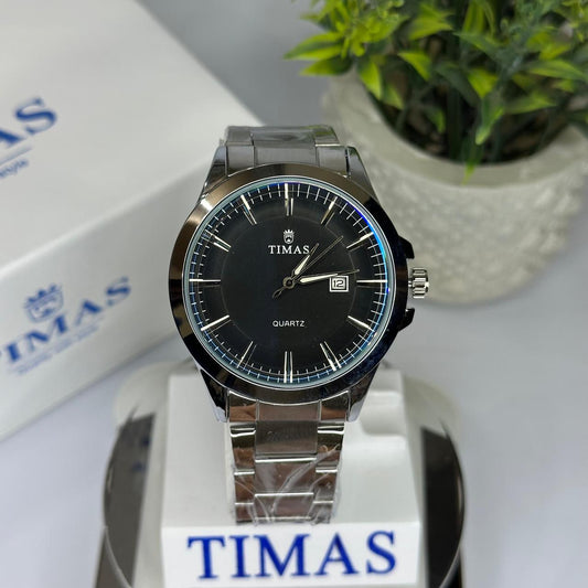 Timas Men's Watch – Black Dial with Metal Bracelet