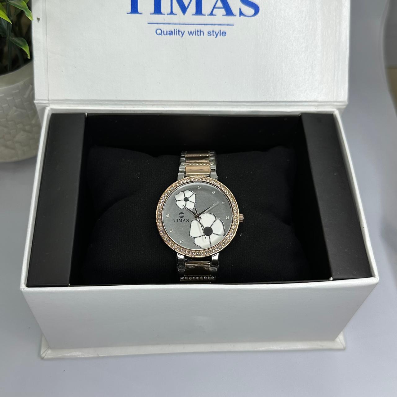 Timas Women’s Two-Tone Floral Quartz Watch – Silver & Rose Gold with Crystal Bezel