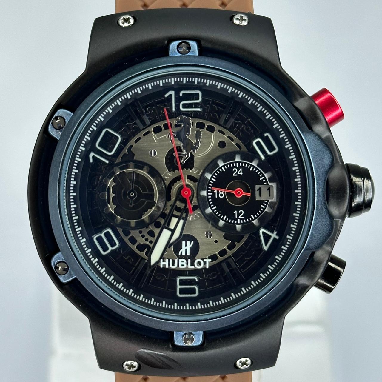 Luxury Hublot Men’s Watch – Black Case with Brown Magnetic Strap