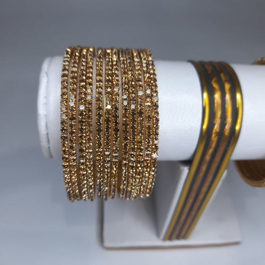 **12pc Golden Stone Bangles Set for Girls & Women – Elegant Imitation Jewellery for Weddings & Party Wear