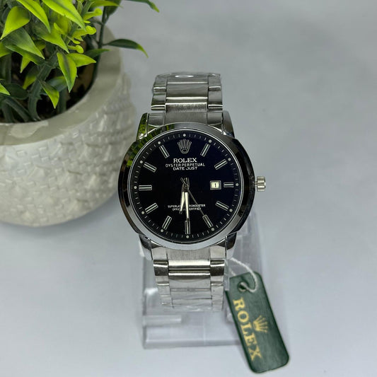 Luxury Rolex-Inspired Men’s Watch – Silver Stainless Steel with Black Dial