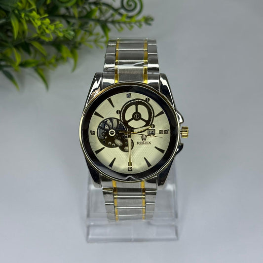 Luxury Rolex-Inspired Two-Tone Men’s Watch – Silver & Gold Stainless Steel with Black Dial