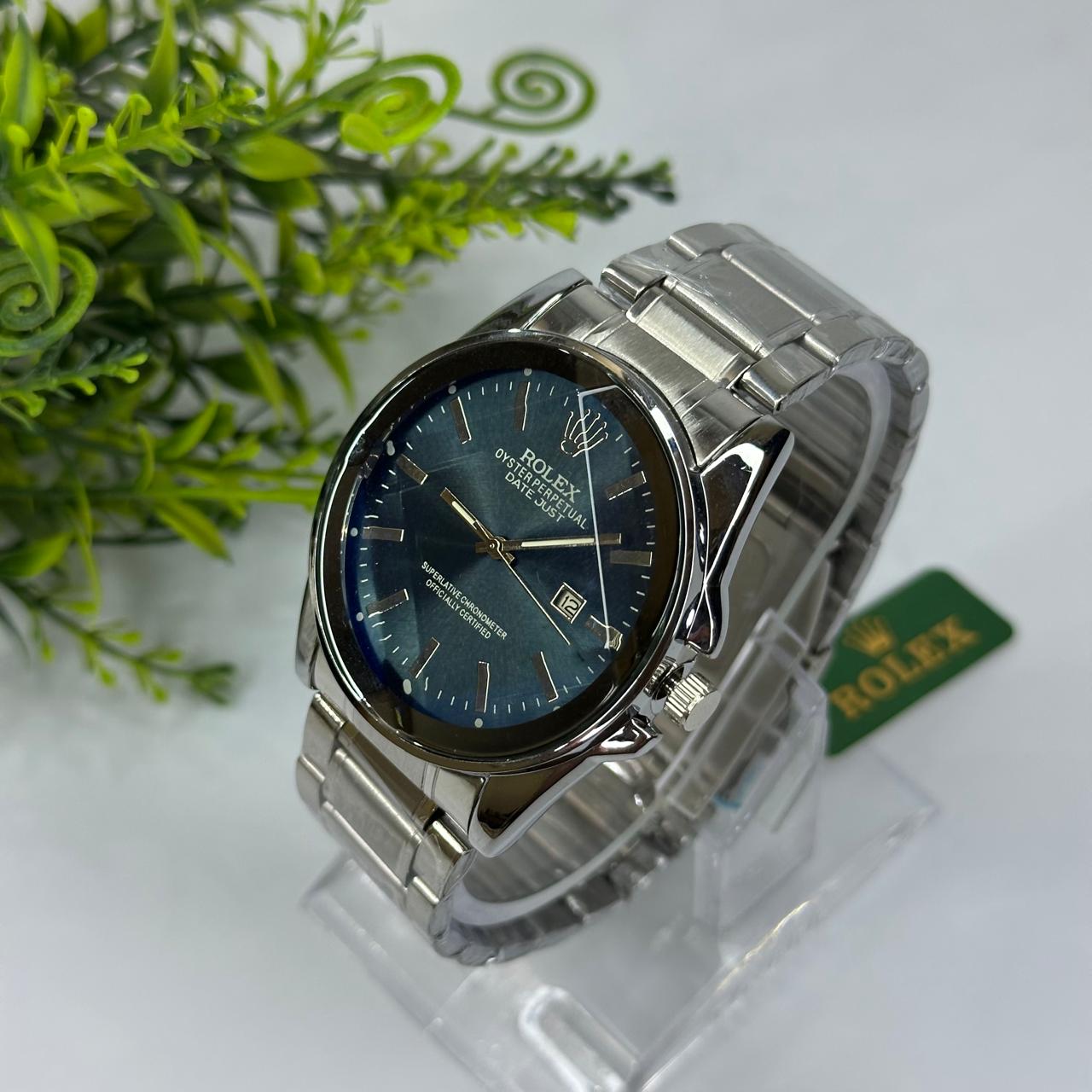 Luxury Rolex-Inspired Men’s Watch – Silver Stainless Steel with Blue Dial