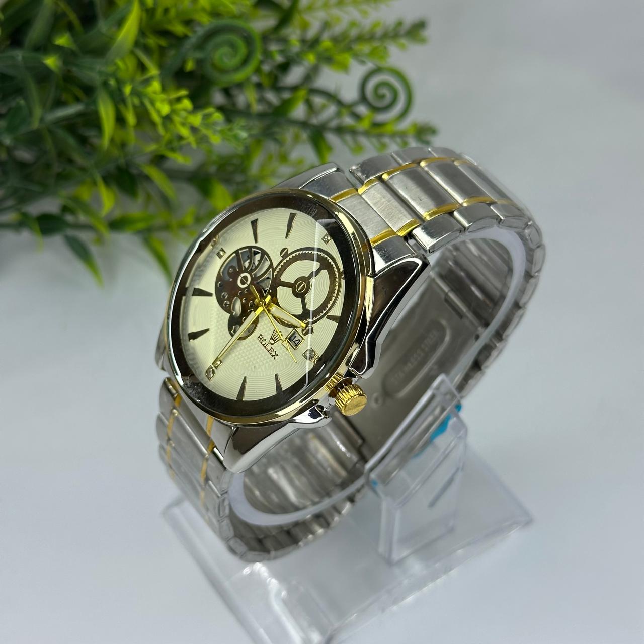 Luxury Rolex-Inspired Two-Tone Men’s Watch – Silver & Gold Stainless Steel with Black Dial