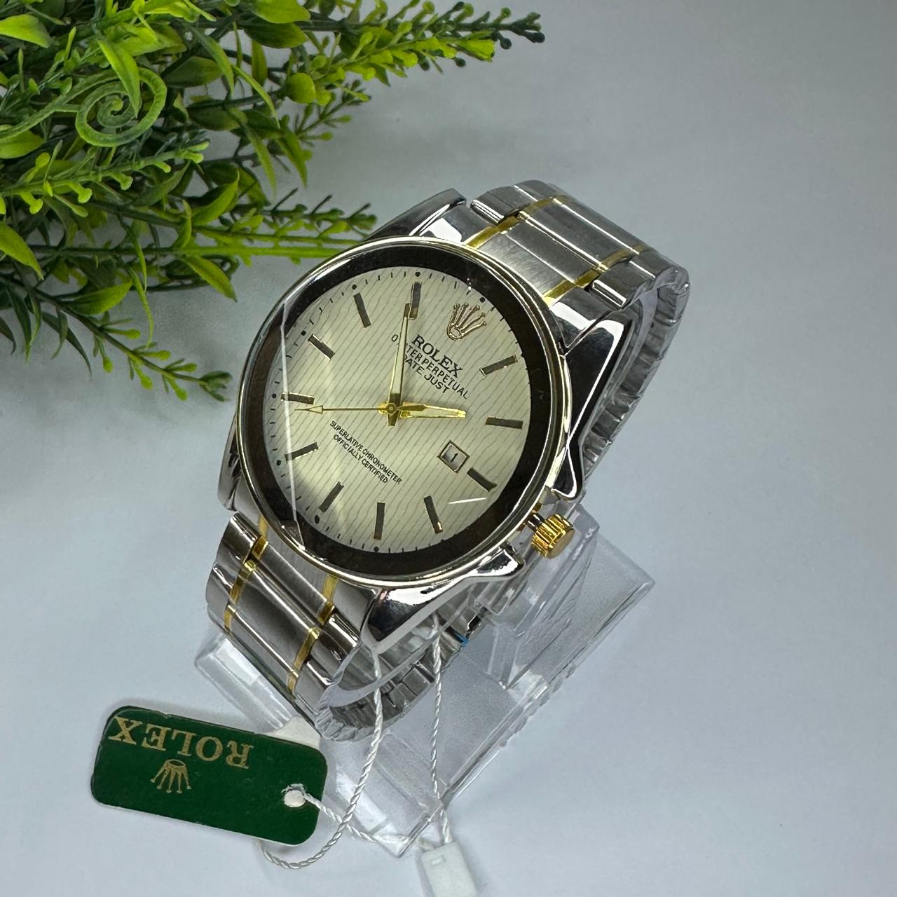 Luxury Rolex-Inspired Two-Tone Men’s Watch – Silver & Gold Stainless Steel with Black Dial