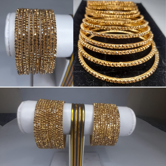 **12pc Golden Stone Bangles Set for Girls & Women – Elegant Imitation Jewellery for Weddings & Party Wear