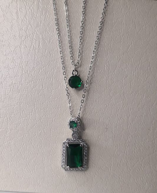 Zircon Green Stone Double Chain Locket – Elegant Pendant Necklace for Women