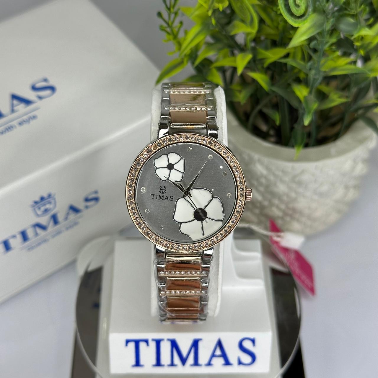 Timas Women’s Two-Tone Floral Quartz Watch – Silver & Rose Gold with Crystal Bezel