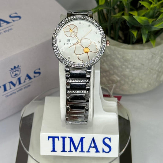 Timas Women’s Quartz Watch – Silver Stainless Steel with Floral Dial