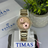Timas Women’s Luxury Quartz Watch – Full Gold with Floral Dial & Crystal Bezel
