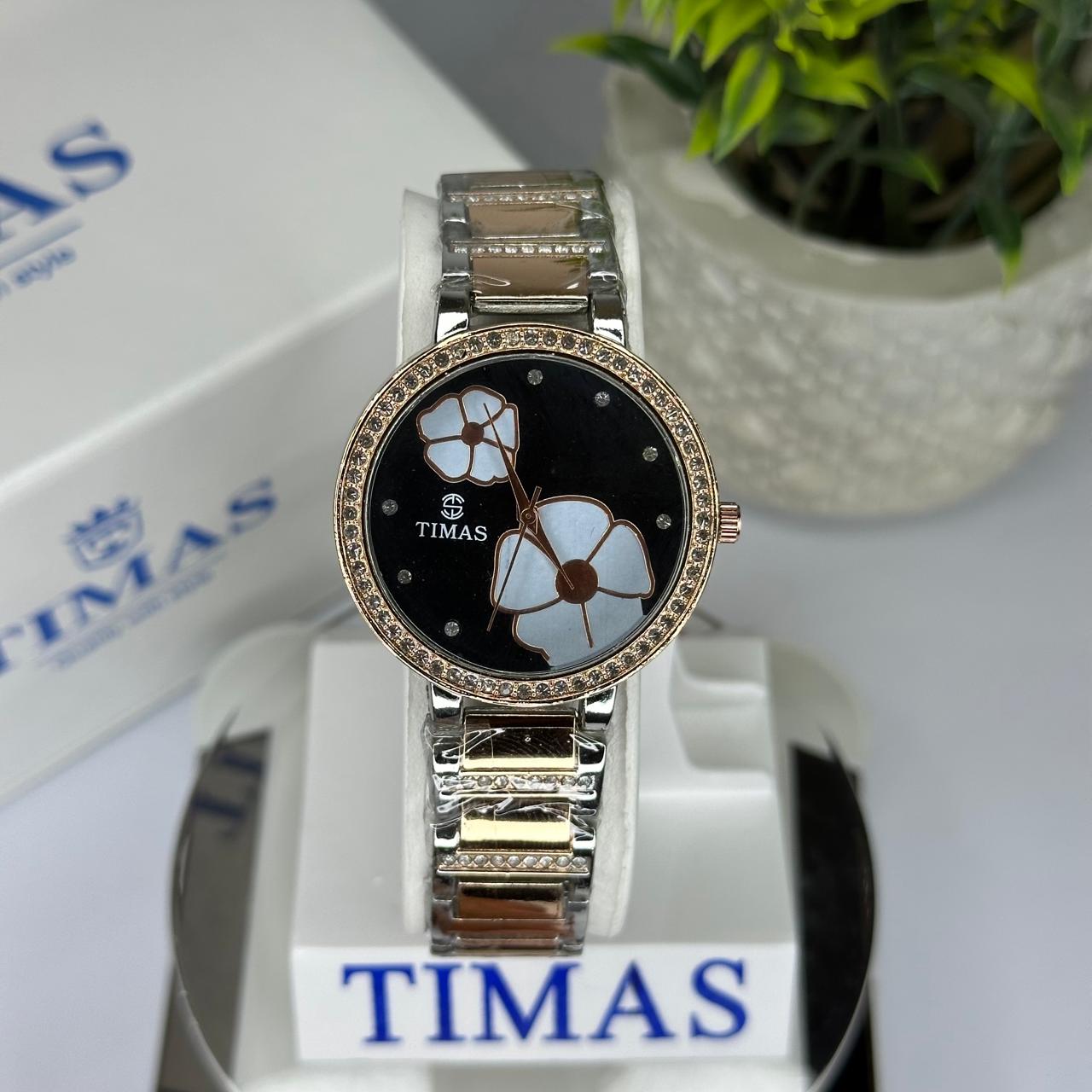Timas Women’s Two-Tone Floral Quartz Watch – Silver & Rose Gold with Black Crystal Bezel
