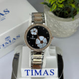 Timas Women’s Two-Tone Floral Quartz Watch – Silver & Rose Gold with Black Crystal Bezel