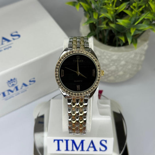 Timas Women’s Two-Tone Quartz Watch – Silver & Gold with Black Dial