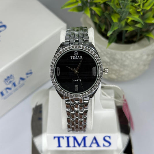 Timas Women’s Quartz Watch – Silver Stainless Steel with Black Dial
