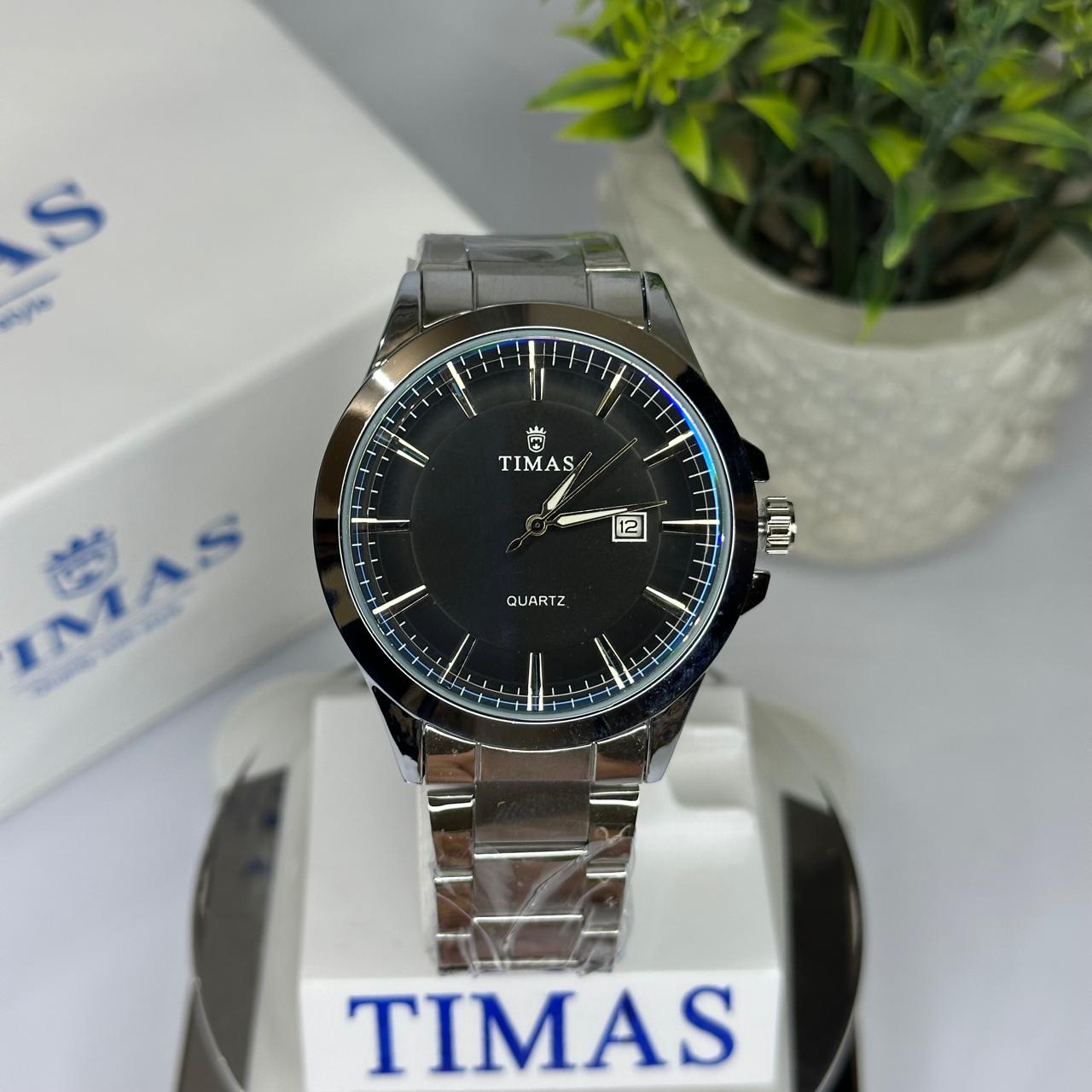 Timas Men's Watch – Black Dial with Metal Bracelet