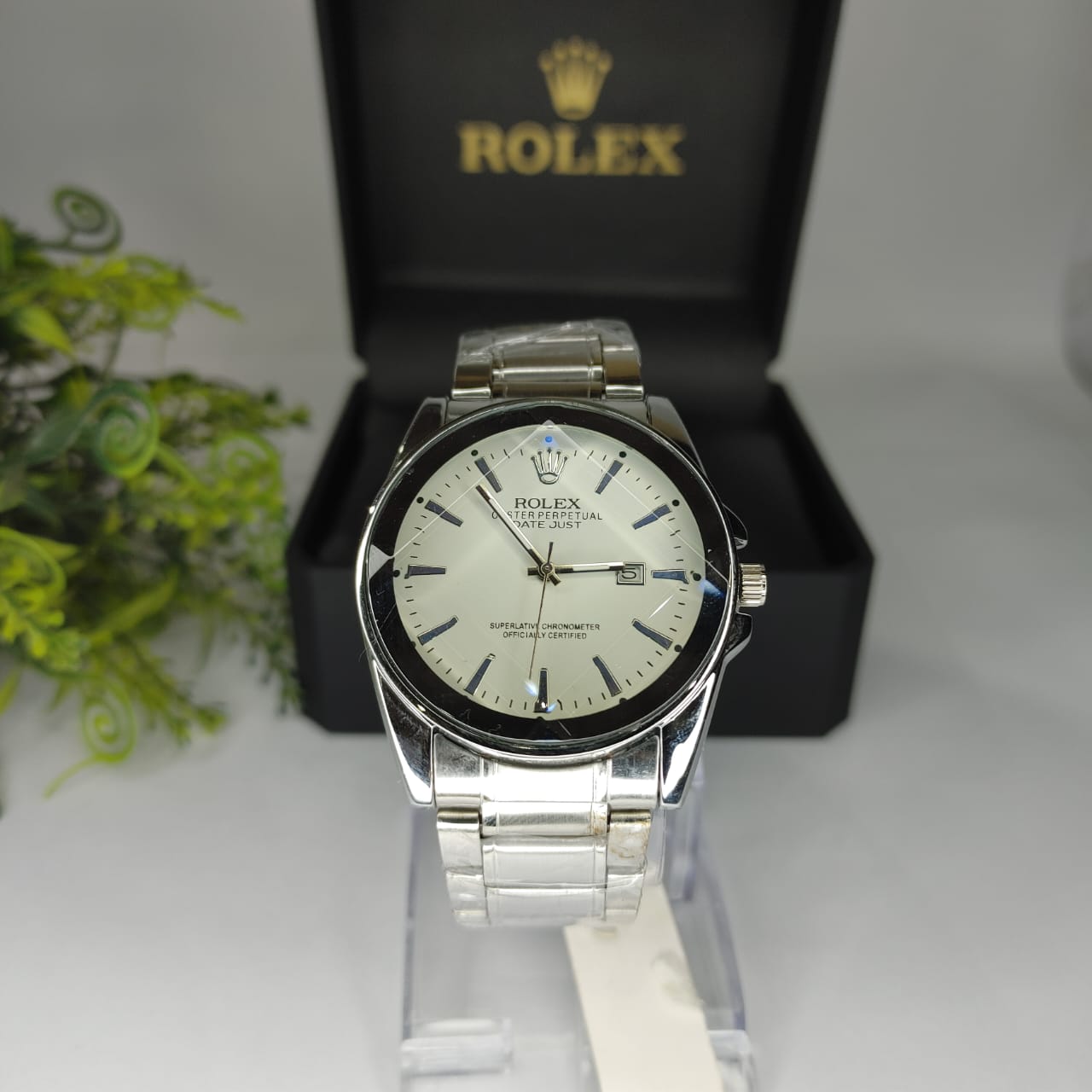 Luxury Rolex-Inspired Men’s Watch – Silver Stainless Steel with White Dial