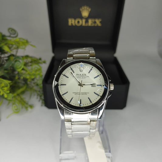 Luxury Rolex-Inspired Men’s Watch – Silver Stainless Steel with White Dial