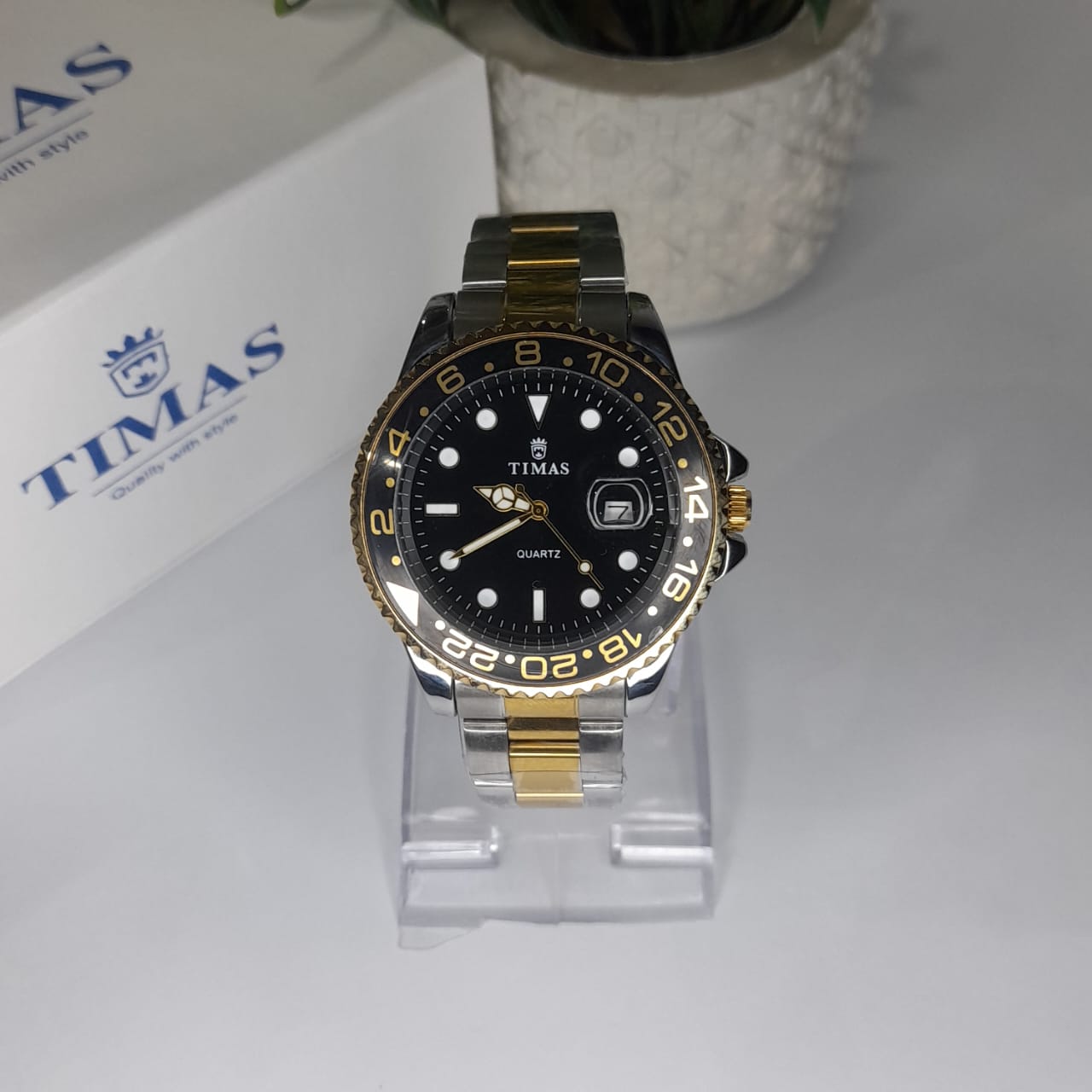 Timas Men's Watch – Black Rotate Dial with TwoTone Bracelet