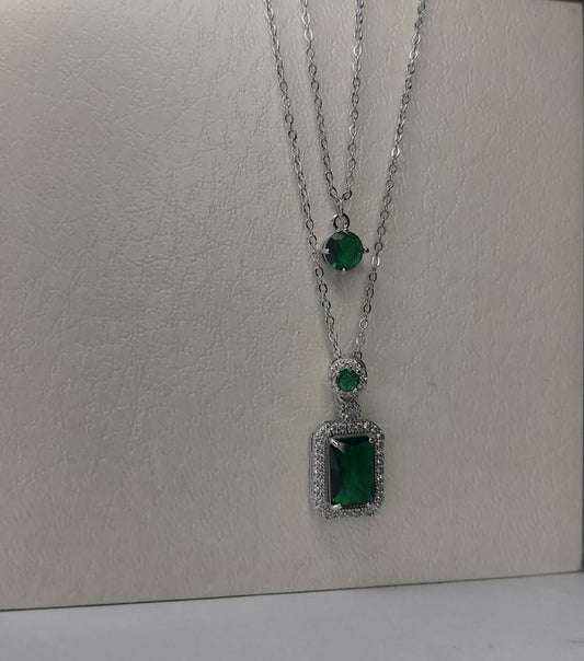Zircon Green Stone Double Chain Locket – Elegant Pendant Necklace for Women