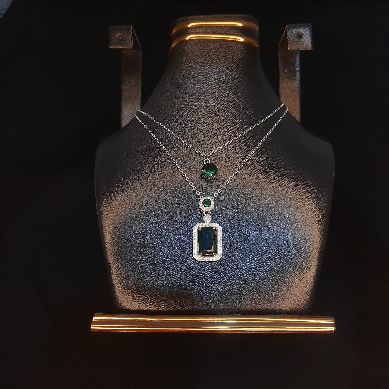 Zircon Green Stone Double Chain Locket – Elegant Pendant Necklace for Women