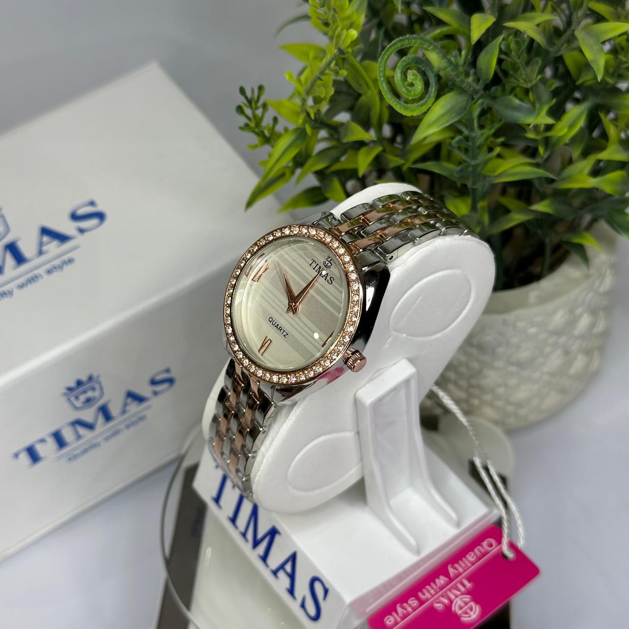 Timas Women’s Two-Tone Quartz Watch with Crystal Bezel – Silver & Rose Gold