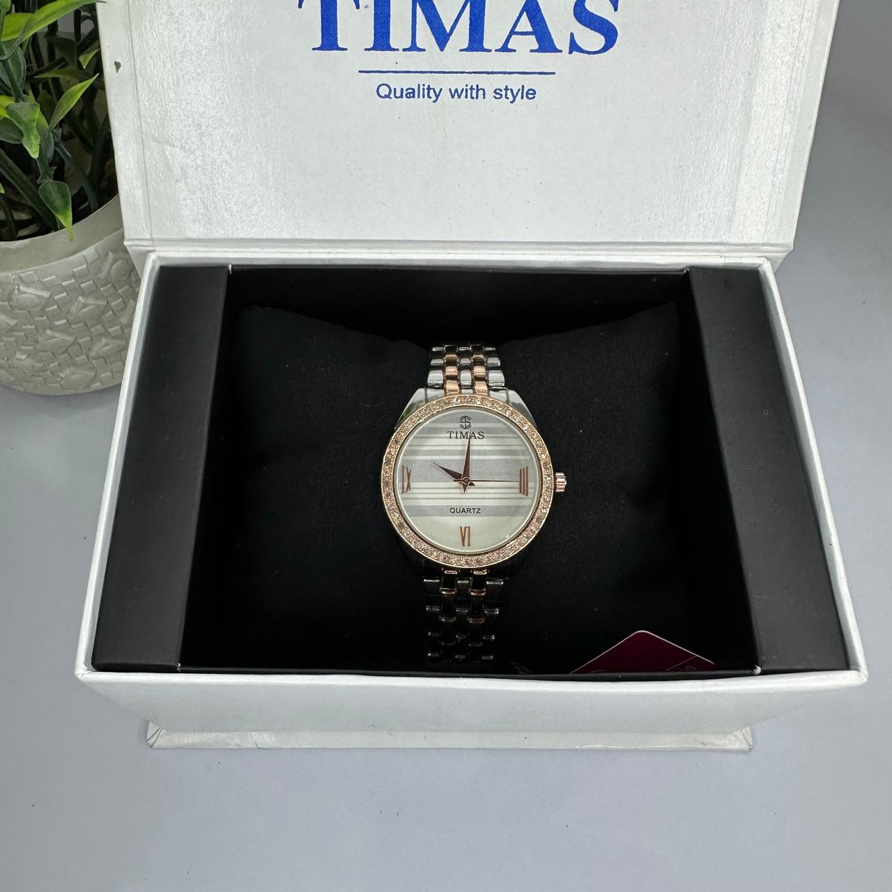 Timas Women’s Two-Tone Quartz Watch with Crystal Bezel – Silver & Rose Gold