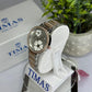 Timas Women’s Two-Tone Floral Quartz Watch – Silver & Rose Gold with Crystal Bezel