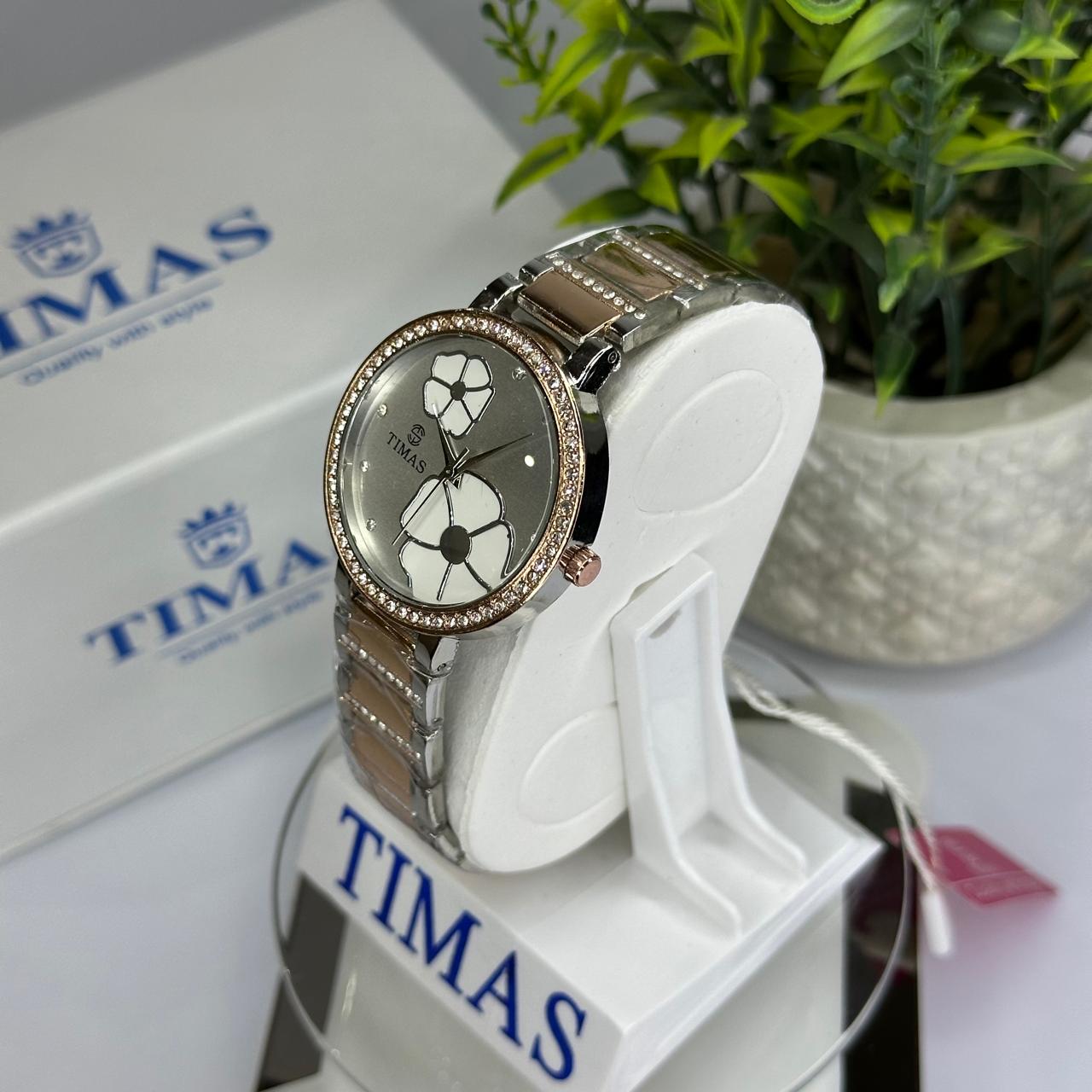 Timas Women’s Two-Tone Floral Quartz Watch – Silver & Rose Gold with Crystal Bezel