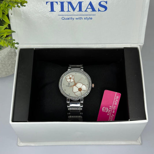 Timas Women’s Quartz Watch – Silver Stainless Steel with Floral Dial