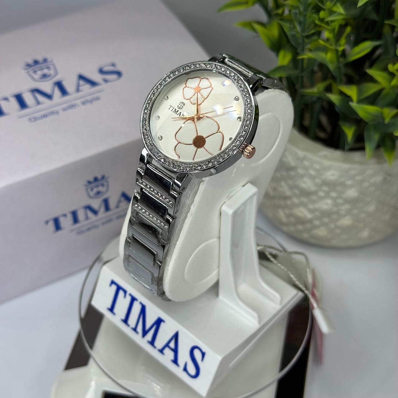 Timas Women’s Quartz Watch – Silver Stainless Steel with Floral Dial
