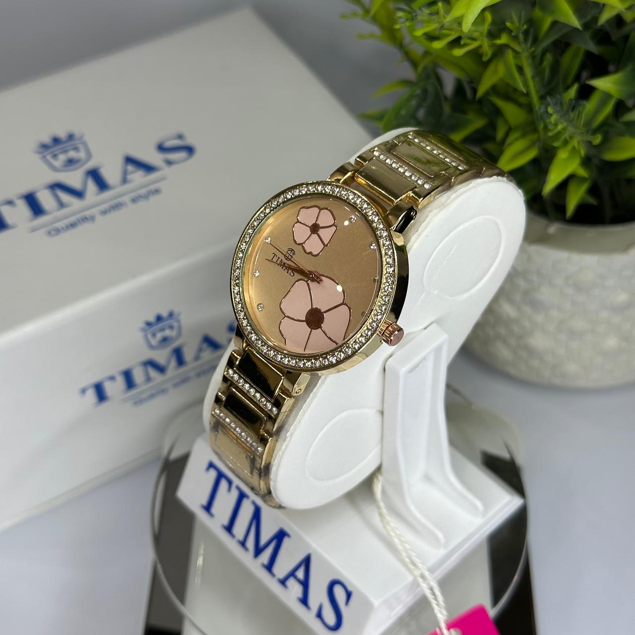 Timas Women’s Luxury Quartz Watch – Full Gold with Floral Dial & Crystal Bezel