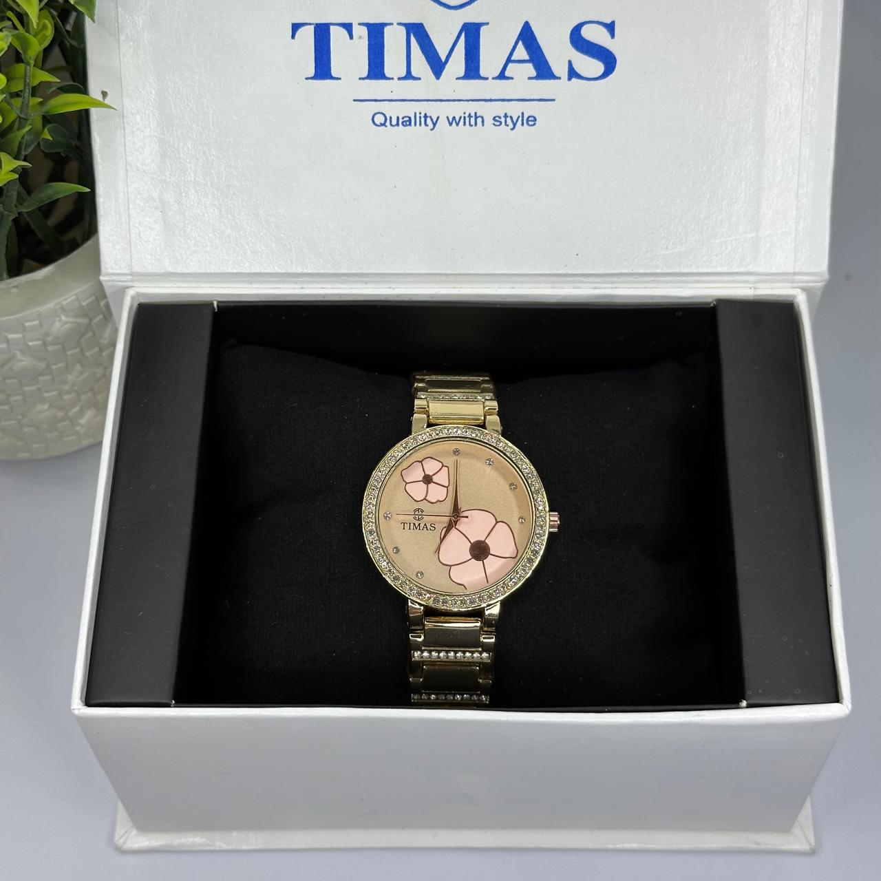 Timas Women’s Luxury Quartz Watch – Full Gold with Floral Dial & Crystal Bezel