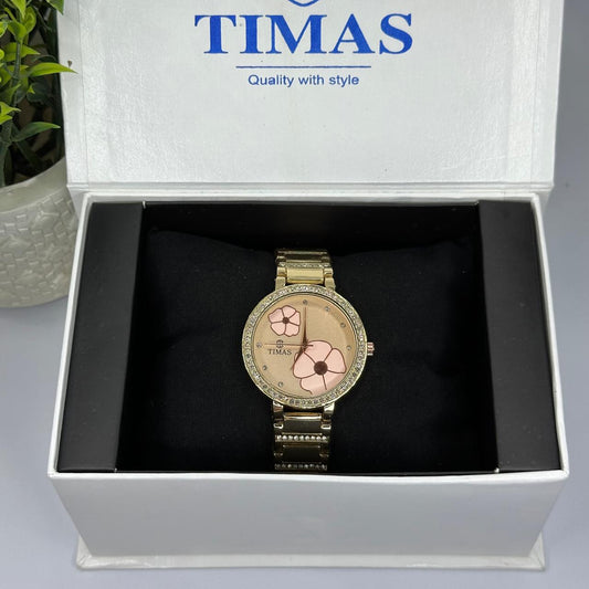 Timas Women’s Luxury Quartz Watch – Full Gold with Floral Dial & Crystal Bezel