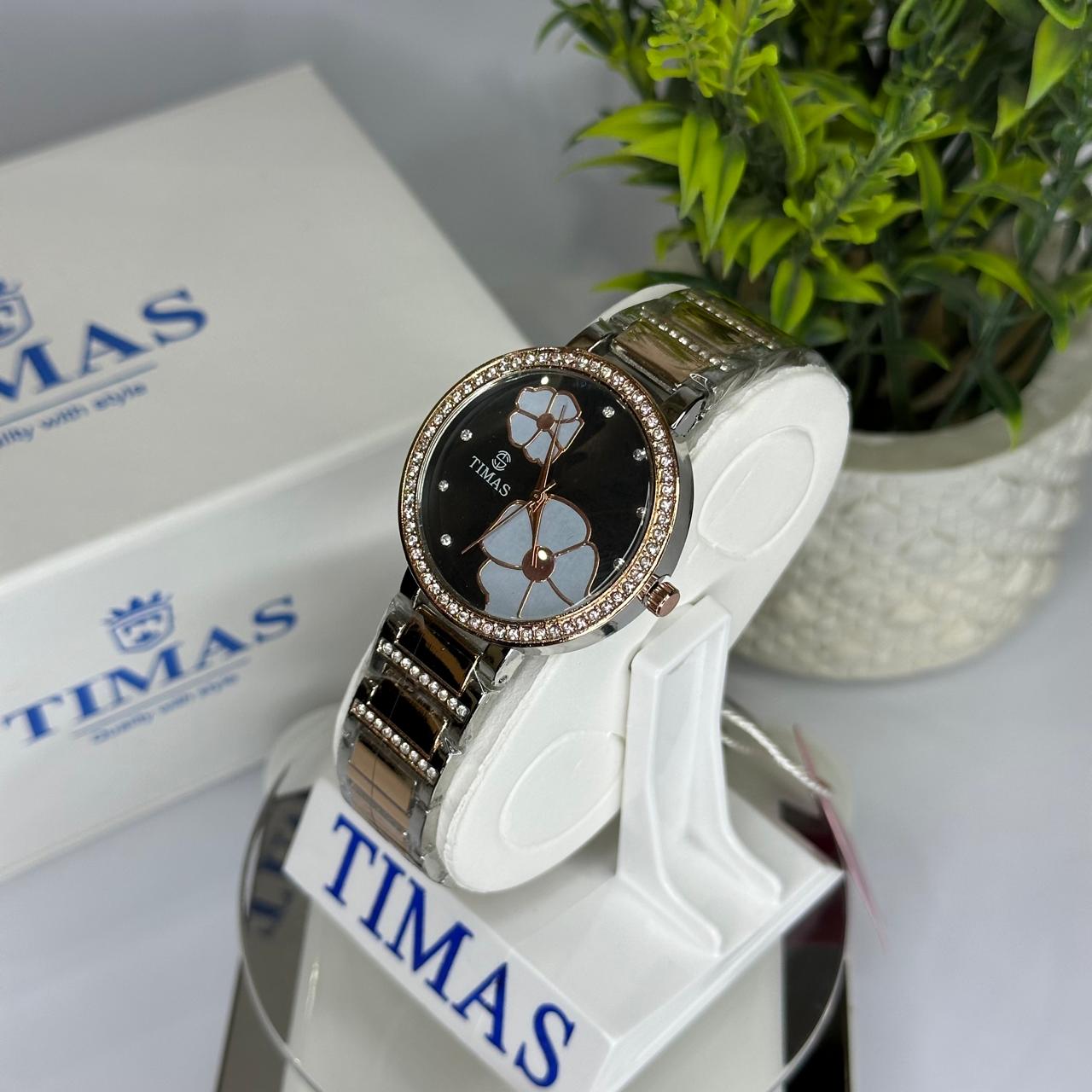 Timas Women’s Two-Tone Floral Quartz Watch – Silver & Rose Gold with Black Crystal Bezel