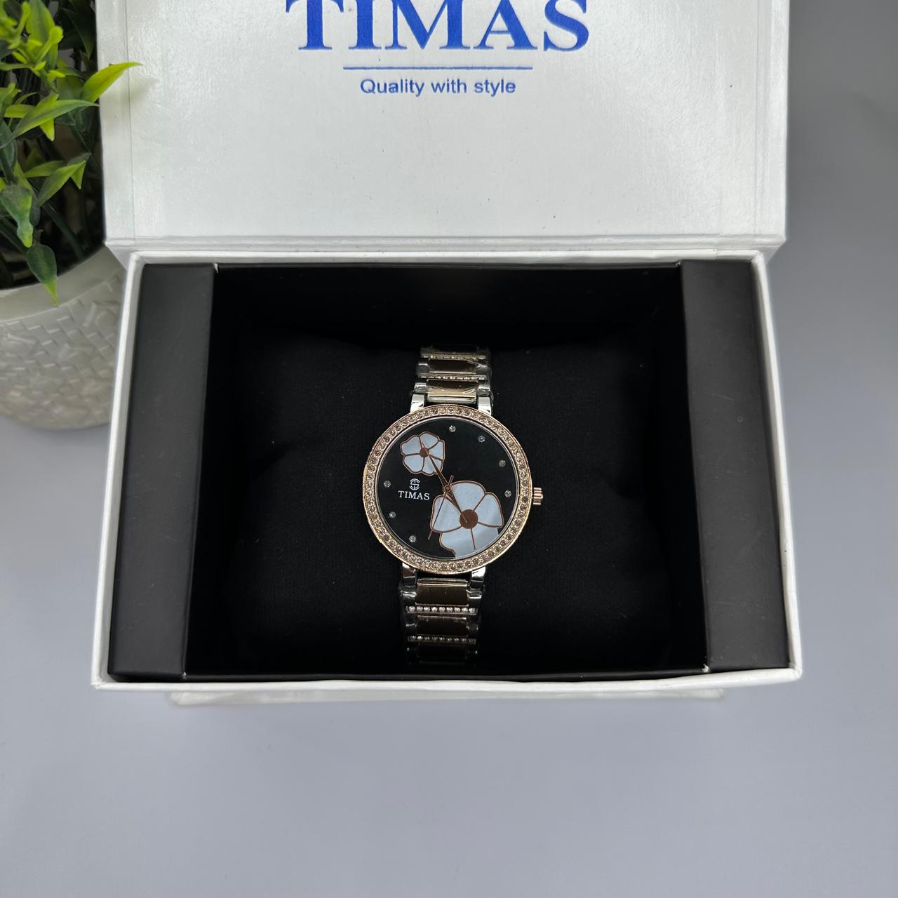 Timas Women’s Two-Tone Floral Quartz Watch – Silver & Rose Gold with Black Crystal Bezel
