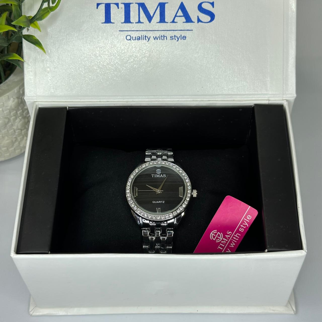 Timas Women’s Quartz Watch – Silver Stainless Steel with Black Dial