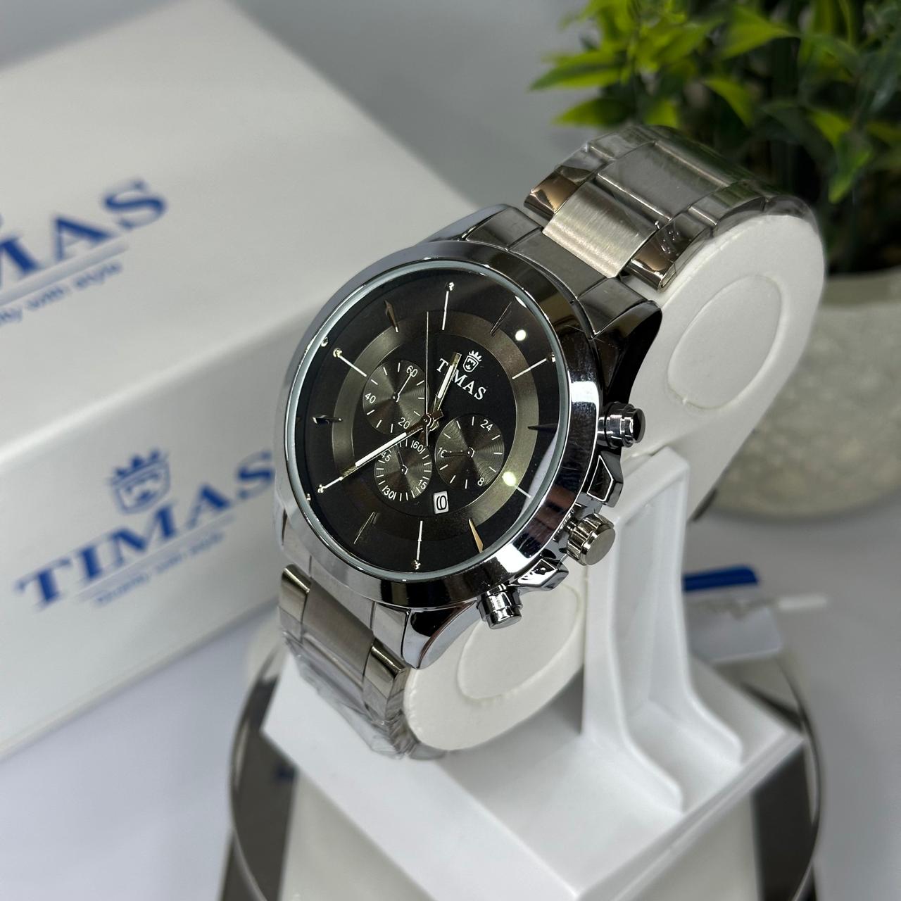 Timas Men's watch Silver Band stainless steel with black & Gray Analog