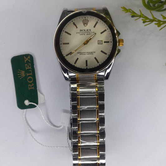 Luxury Rolex-Inspired Two-Tone Men’s Watch – Silver & Gold Stainless Steel with Black Dial